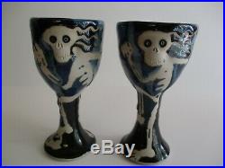 Vintage Signed Pop Art Challice Goblet Cup Pottery Studio Ceramic Skull Bones