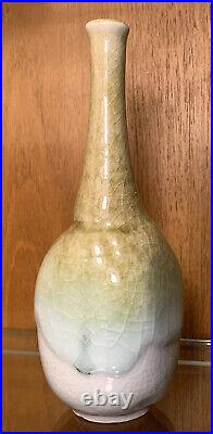 Vintage Studio Art Bud Vase Green Heavy Drip Crackle Glaze Pottery 8 Marked