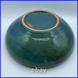 Vintage Studio Art Pottery Green Tiel Glaze Shallow Planter Bowl 11 Wide Signed