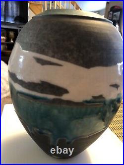 Vintage Studio Pottery Fired stoneware large Vase Art Signed Mixed Matte Glazed