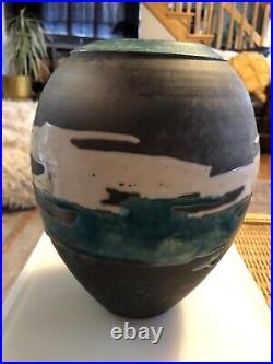 Vintage Studio Pottery Fired stoneware large Vase Art Signed Mixed Matte Glazed
