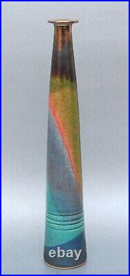 Vintage Tapered Art Pottery Vase Metallic Rim 12 Signed