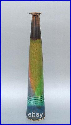 Vintage Tapered Art Pottery Vase Metallic Rim 12 Signed