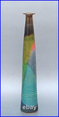 Vintage Tapered Art Pottery Vase Metallic Rim 12 Signed