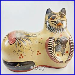 Vintage Tonala Artisan Cat Folk Art Burnished Pottery Ceramic Mexican Very Large