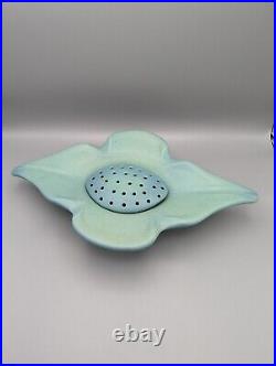 Vintage Van Briggle Blue Green Console Bowl with Floral Frog Art Pottery