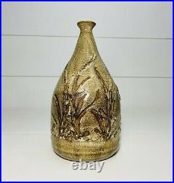 Vintage Verne Funk Stoneware Pottery Vase Jug Cattails Design Brown