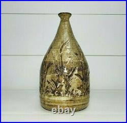 Vintage Verne Funk Stoneware Pottery Vase Jug Cattails Design Brown