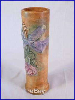 Vintage Weller Woodcraft Flemish Rose in a Ribbon Rustic Floral Art Pottery Vase