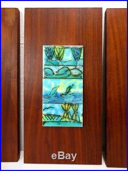 Vtg 4 HARRIS STRONG CERAMIC PAINTED ABSTRACT WALL ART TILES WALNUT MCM Pottery