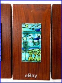 Vtg 4 HARRIS STRONG CERAMIC PAINTED ABSTRACT WALL ART TILES WALNUT MCM Pottery