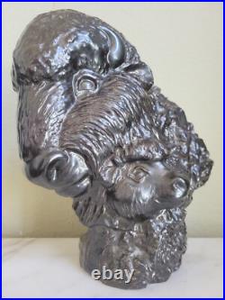 Vtg Faux Bronze Black Art Pottery Ceramic American Buffalo Bison Bust & Baby
