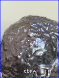 Vtg Faux Bronze Black Art Pottery Ceramic American Buffalo Bison Bust & Baby