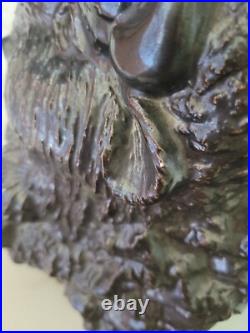Vtg Faux Bronze Black Art Pottery Ceramic American Buffalo Bison Bust & Baby