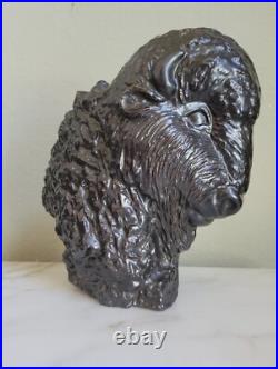 Vtg Faux Bronze Black Art Pottery Ceramic American Buffalo Bison Bust & Baby