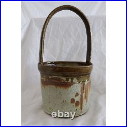 Vtg Handmade Art Fine Pottery Ceramic Basket Glazed Beige Brown Drips Signed