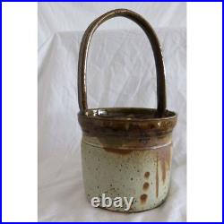 Vtg Handmade Art Fine Pottery Ceramic Basket Glazed Beige Brown Drips Signed