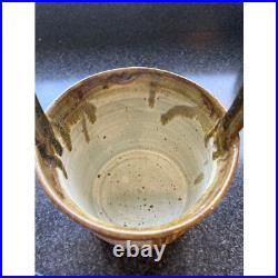 Vtg Handmade Art Fine Pottery Ceramic Basket Glazed Beige Brown Drips Signed