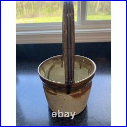 Vtg Handmade Art Fine Pottery Ceramic Basket Glazed Beige Brown Drips Signed