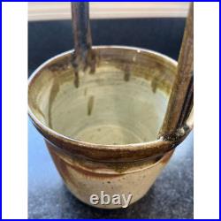 Vtg Handmade Art Fine Pottery Ceramic Basket Glazed Beige Brown Drips Signed
