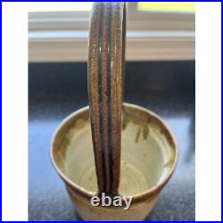 Vtg Handmade Art Fine Pottery Ceramic Basket Glazed Beige Brown Drips Signed