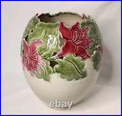 Vtg Kathy Smallwood Studio Art Pottery Vase with Floral Cutout Accents 1989