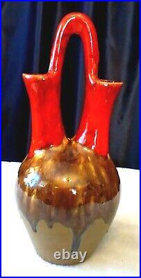 Vtg MCM Drip Glaze Ceramic Double Spout Handle Vase Sh3 Boho Art Pottery 14.5