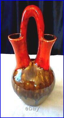 Vtg MCM Drip Glaze Ceramic Double Spout Handle Vase Sh3 Boho Art Pottery 14.5
