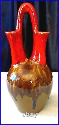 Vtg MCM Drip Glaze Ceramic Double Spout Handle Vase Sh3 Boho Art Pottery 14.5