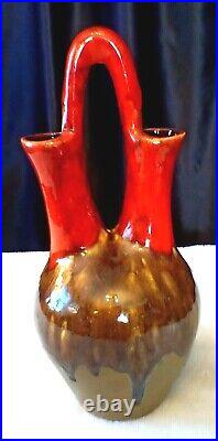 Vtg MCM Drip Glaze Ceramic Double Spout Handle Vase Sh3 Boho Art Pottery 14.5