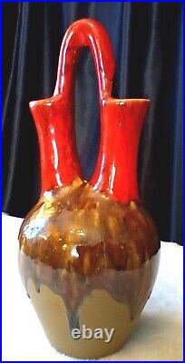 Vtg MCM Drip Glaze Ceramic Double Spout Handle Vase Sh3 Boho Art Pottery 14.5