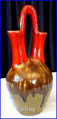 Vtg MCM Drip Glaze Ceramic Double Spout Handle Vase Sh3 Boho Art Pottery 14.5