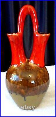 Vtg MCM Drip Glaze Ceramic Double Spout Handle Vase Sh3 Boho Art Pottery 14.5