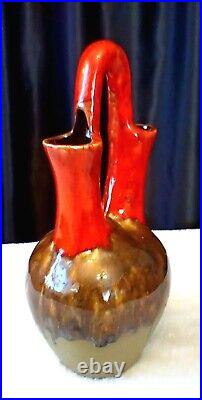 Vtg MCM Drip Glaze Ceramic Double Spout Handle Vase Sh3 Boho Art Pottery 14.5