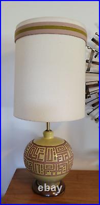 Vtg Mid Century Modern Art Pottery Green & Red Ceramic Table Lamp & Shade