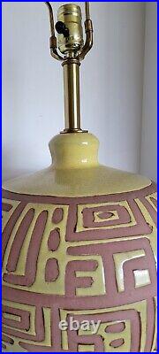 Vtg Mid Century Modern Art Pottery Green & Red Ceramic Table Lamp & Shade