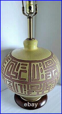 Vtg Mid Century Modern Art Pottery Green & Red Ceramic Table Lamp & Shade