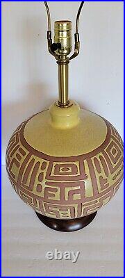 Vtg Mid Century Modern Art Pottery Green & Red Ceramic Table Lamp & Shade