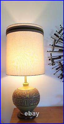 Vtg Mid Century Modern Art Pottery Green & Red Ceramic Table Lamp & Shade