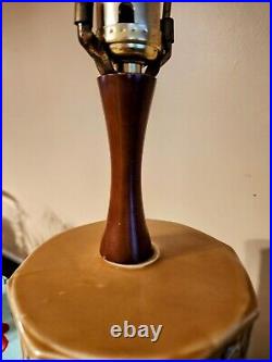 Vtg Mid Century Modern Art Pottery Lamp Caramel Color Octagonal with Wood Throat