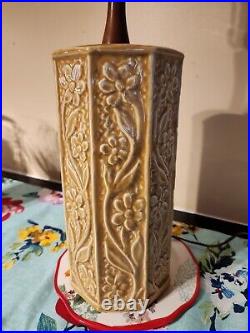 Vtg Mid Century Modern Art Pottery Lamp Caramel Color Octagonal with Wood Throat