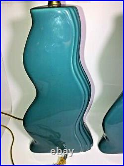 Vtg Pair Mid-Century Modern Art Turquoise Blue Pottery Table Wave Lamps Retro