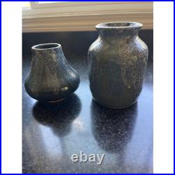 Vtg Pair Of Soda fired Hand Thrown Ceramic Pottery Vase In Tones Of Blue