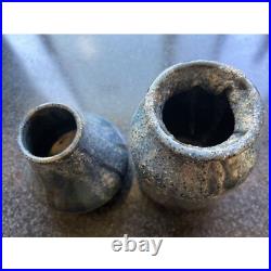 Vtg Pair Of Soda fired Hand Thrown Ceramic Pottery Vase In Tones Of Blue