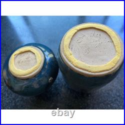 Vtg Pair Of Soda fired Hand Thrown Ceramic Pottery Vase In Tones Of Blue