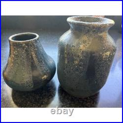 Vtg Pair Of Soda fired Hand Thrown Ceramic Pottery Vase In Tones Of Blue
