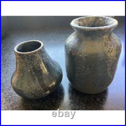 Vtg Pair Of Soda fired Hand Thrown Ceramic Pottery Vase In Tones Of Blue