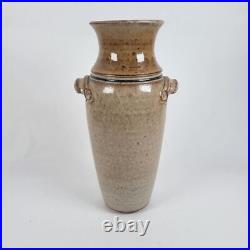 Vtg Richard Dick Lien Studio Pottery Vase Drip Glaze Handles Wheat Signed 11.5