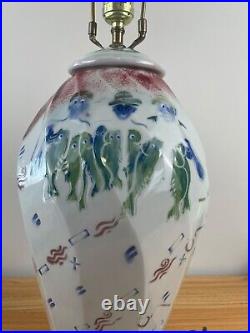 Vtg Studio Art Pottery Lidded Ceramic Urn TURNED LAMP Michael Crumb FISHERMEN