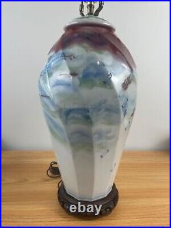 Vtg Studio Art Pottery Lidded Ceramic Urn TURNED LAMP Michael Crumb FISHERMEN